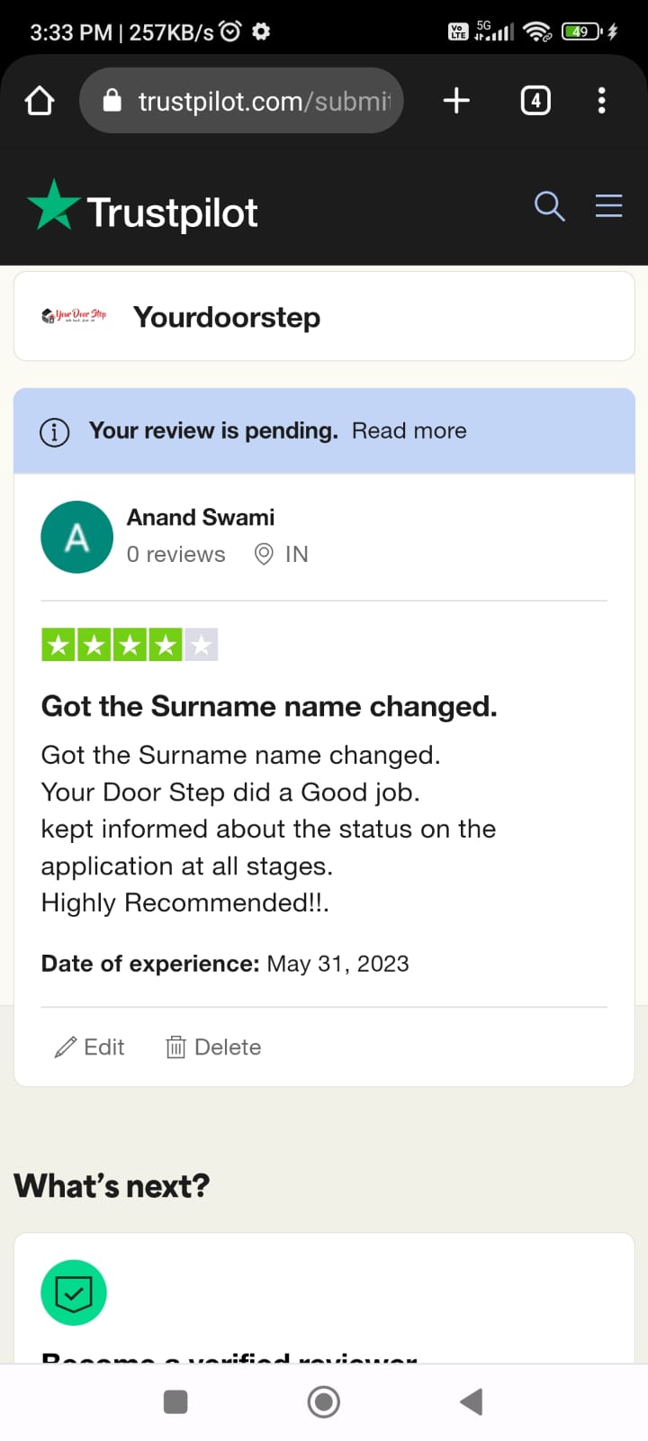 Yourdoorstep Review anand trustpilot